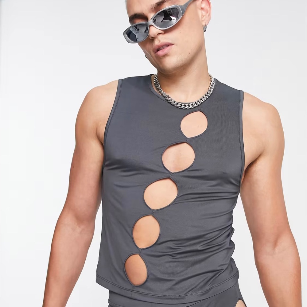 ASOS DESIGN co-ord cropped muscle vest with front cut outs in grey.